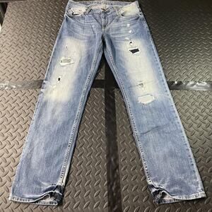 Mossimo Supply Co Jeans Mens 32x32 Blue Slim Straight Distressed Stretch Faded